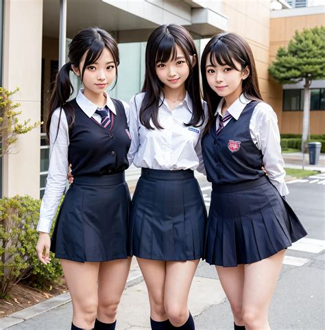 Three young women in school uniforms posing for a picture - SeaArt AI