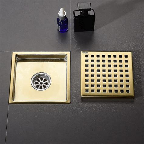 Square Shower Floor Drain Brushed Gold 6 Inch, Grille With Removable ...
