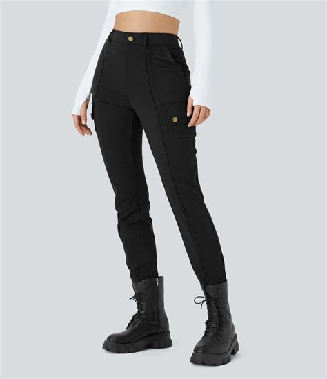 High Waisted Button Zipper Multiple Pockets Solid Skinny Cargo Pants ...