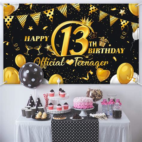 13th Birthday Black Gold Party Decoration, Extra Large Fabric Sign ...