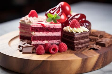 Variety of sweet cakes on wooden piece | Premium AI-generated image