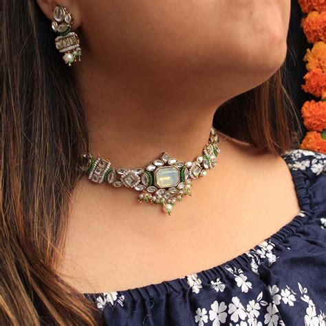 Divine Kundan Choker Set Handmade Green Necklace With Matching Earrings