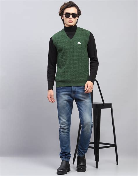 Buy Men Green Self Design V Neck Sleeveless Sweater Online in India ...