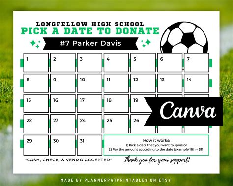 Editable Soccer Fundraiser Pick a Date to Donate Calendar Template ...