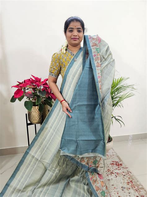 Semi Tussar with Striped Zari Weaving Saree - Blue – Looms Legacy