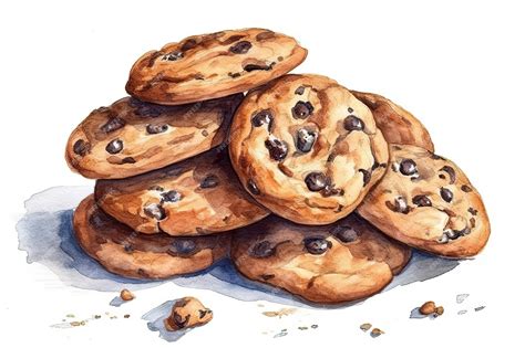 Watercolor drawing chocolate chip cookies on white background ...