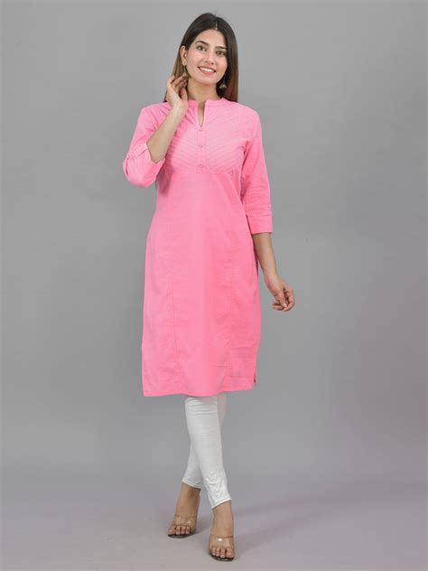 Womens Solid Pink Three Fourth Sleeve Cotton Straight Kurti – QuaClo