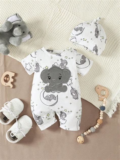 SHEIN Newborn Baby Boys' Casual Cute Cartoon Elephant Pattern Round ...