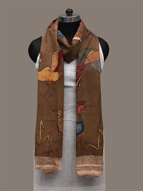 Olive Kalamkari Hand Painted Cotton Handloom Dupatta with Birds Design ...