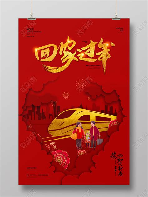 红色简约风春节回家简约剪纸风回家过年2020鼠年春节春运海报图片下载 - 觅知网