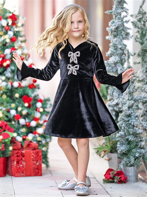 Crystal Bow Long Sleeve Velour Dress – Mia Belle Girls