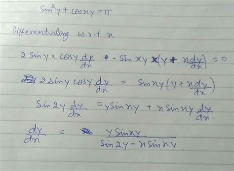 Question 7: Find dy/dx : sin2 y + cos xy = π Class 12 - Math ...