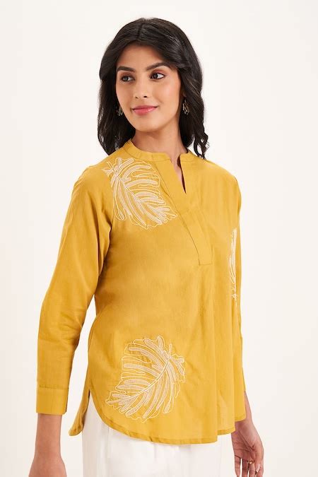 Yellow Ochre Embroidered Cotton Mandarin Collar Women Regular Fit ...