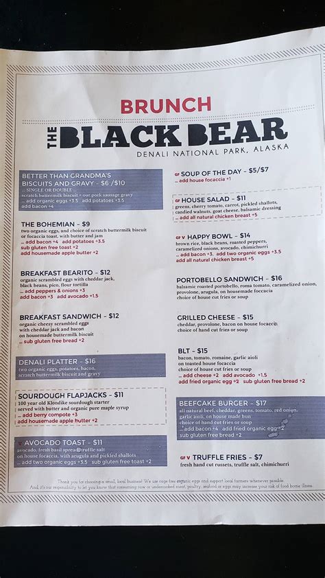 Menu at The Black Bear restaurant, McKinley Park, Parks Hwy