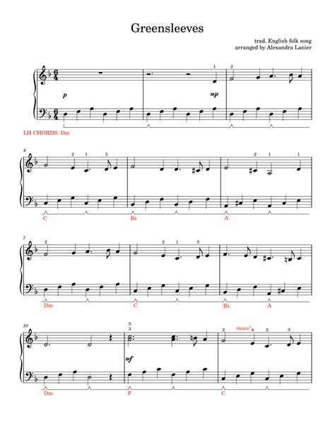 Greensleeves (easy piano) (arr. Alexandra Lanier) by Traditional ...