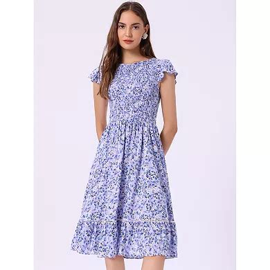 Women's Fit And Flare Summer Floral Midi Smocked Dress