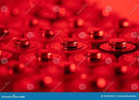 Closeup of Positive Ends of Discharged Batteries AA Sizes, Macro Shot, Selective Focus. Used ...