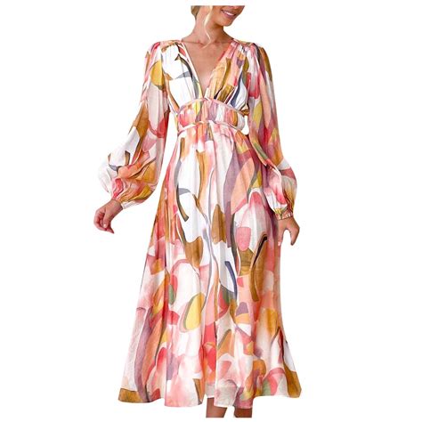 Sakmal Long Women's Casual Dresses Beach Flowy A Line Gold Dress V Neck ...