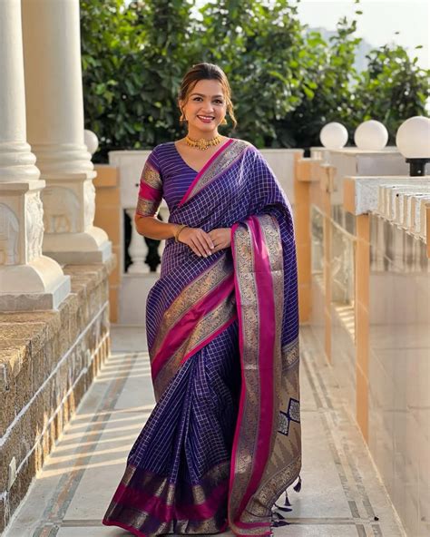 Purple Kanjivaram Silk Saree with Silver Zari Checked Pattern & Pink ...