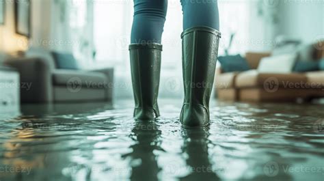 A person is standing in a flooded room, wearing rubber boots as water ...