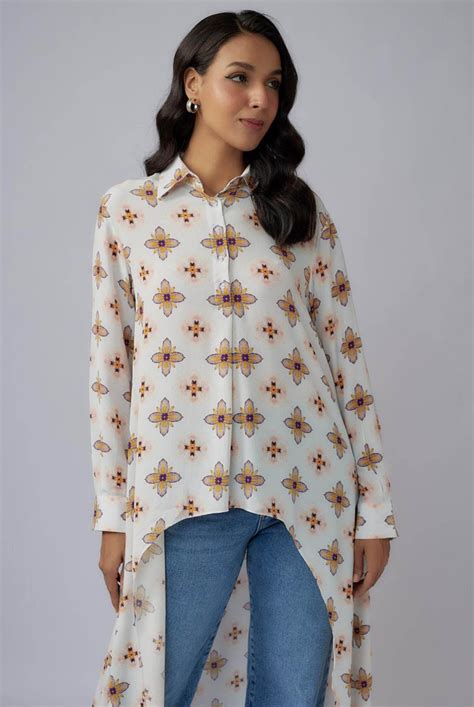 Ivory Printed Crepe High Low Tunic