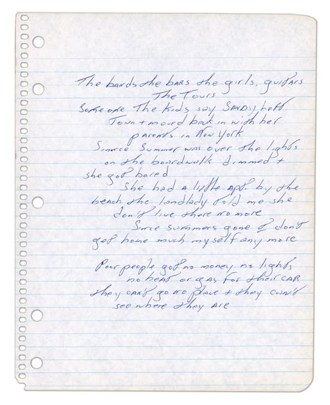 Bruce Springsteen handwritten song lyrics