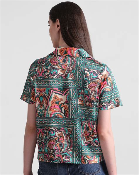 Green Abstract Print Satin Shirt