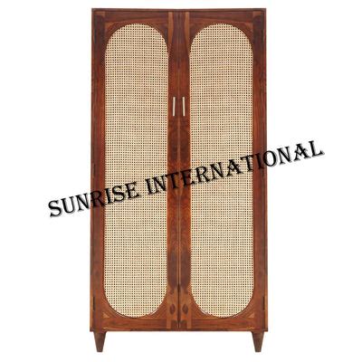 buy solid sheesham wood 2 door wardrobe cupboard with rattan cane work ...