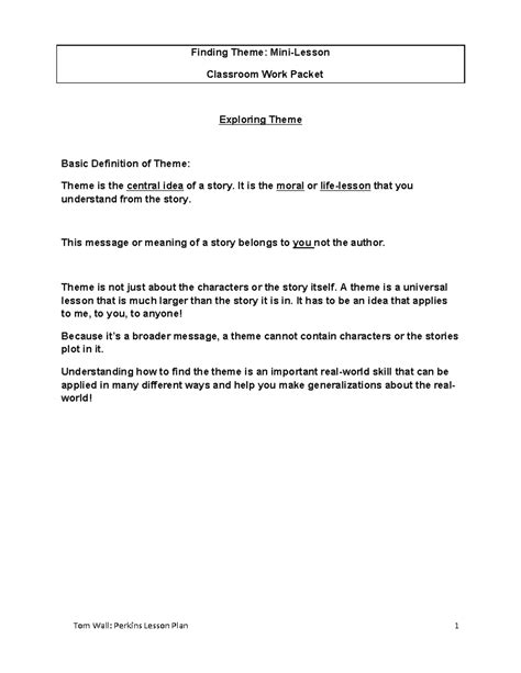 Mini Lesson - Tom Wall: Perkins Lesson Plan 1 Finding Theme: Mini ...