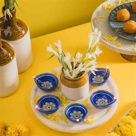 Handcrafted Lotus Blue Pottery Diya for Home Decor | Atrangi Studio