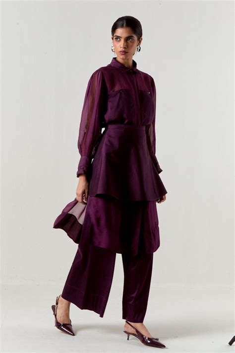Three - Beaded Collar Sheer Shirt Set - Elahe