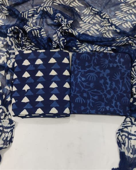Indigo Hand Block Printed Cotton Suit With Chiffon Dupatta – THE BHANKAR'S