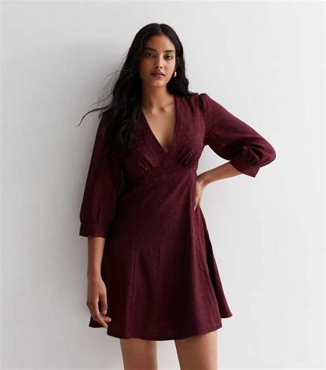 Burgundy Spot Satin Jacquard V Neck Mini Dress | New Look