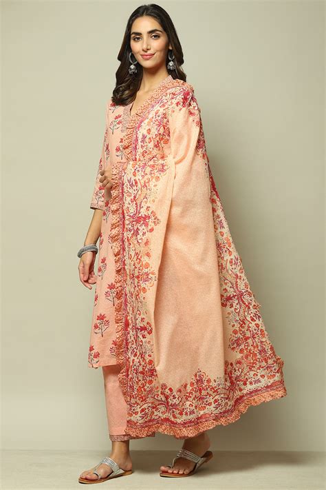 Peach Cotton A-Line Kurta Palazzo Suit Set