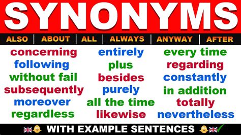 English Synonym Words for ALSO, ABOUT, ALL, ALWAYS, ANYWAY + AFTER ...