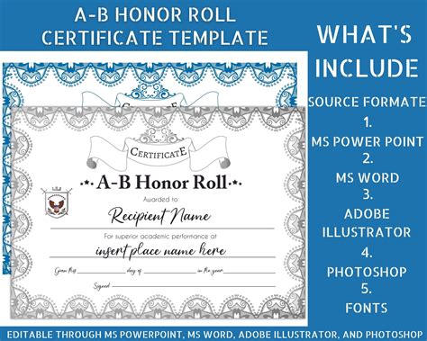 AB Honor Roll Certificate Template: Printable Student Recognition (MS ...