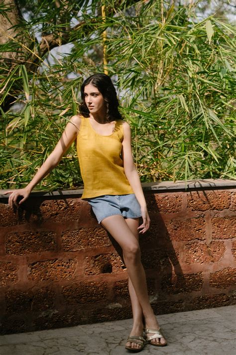 Tank Tops | The Linen Round Neck Tank Top Mustard Online