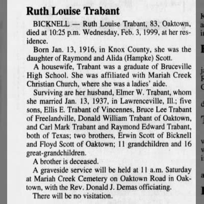 1999 Ruth Louise Scott/Trabant Obituary (The Sun, Vincennes, Indiana ...