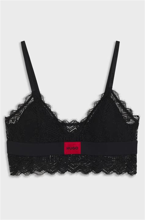 HUGO - Lace-trim bra with red logo label - Black