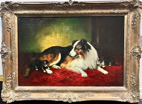 Antique English Oil - Perro Collie con Gatitos Antiguo Cuadro al Óleo ...