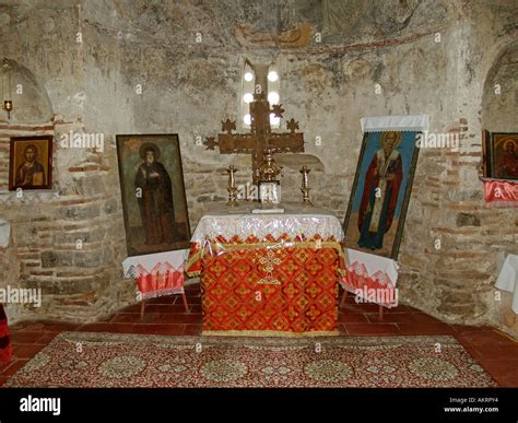 icons pictures of saints in an Greek Orthodox church chapel Stock Photo ...