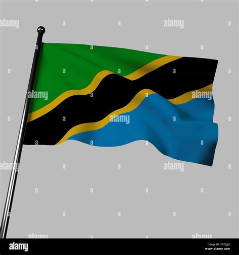 Tanzania's 3D flag waving in the wind, isolated on gray. The flag has ...