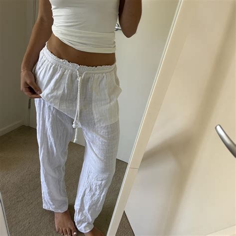 White low rise linen pants from cotton... | Depop