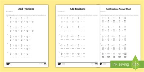 Year 6 Add Fractions Sheet 1 Worksheet / Worksheet - Twinkl