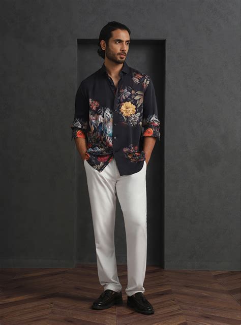 Multi Black Slim Fit Tencel Shirt with Artistic Print Design