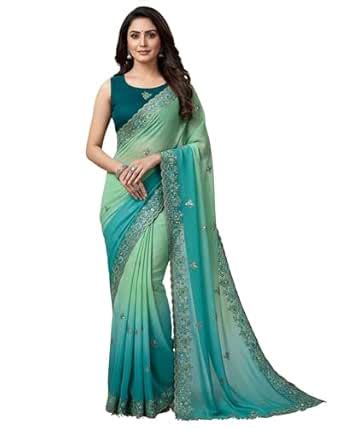 Buy Women's Teal Green Floral Thread Embroidery Crunchy Ombre Saree ...