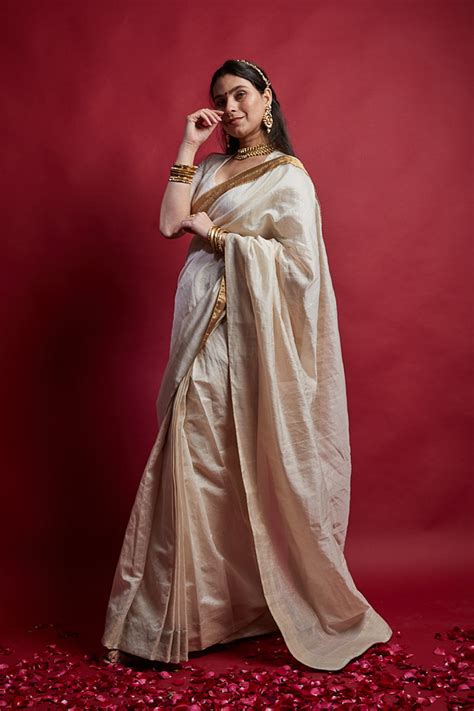 Shop Ivory & Gold Ready-to-Wear Saree with Embroidered Lace Details ...