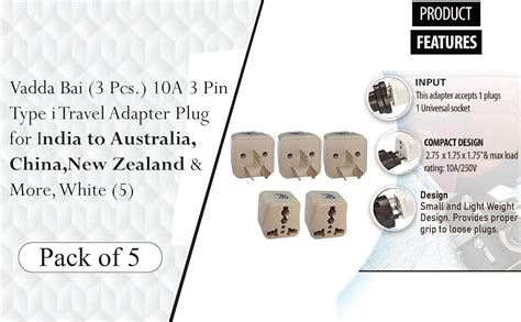 Vadda Bai (5 Pcs.) 10A 3 Pin Type i Travel Adapter Plug for India to ...