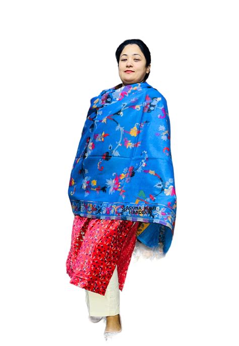 kashmiri pashmina shawl both side usable blue - aruna kullu handloom