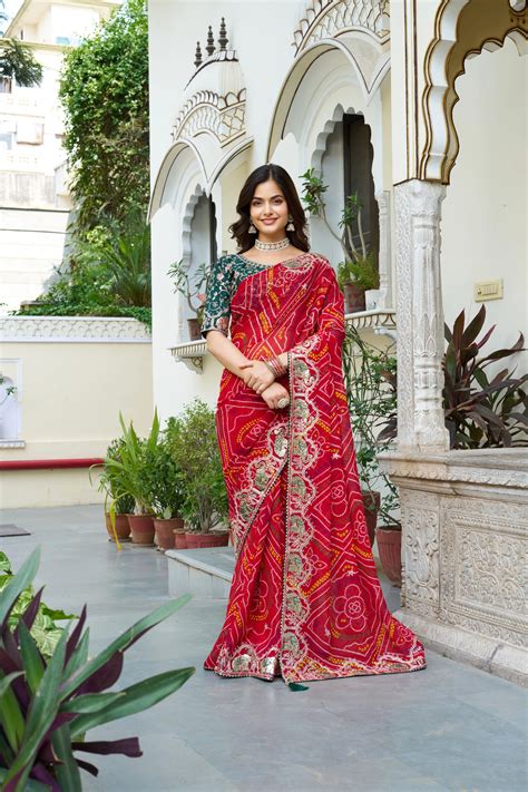 Mrinalini Red Gota Patti Work Pure Bandhani Saree – Trinari